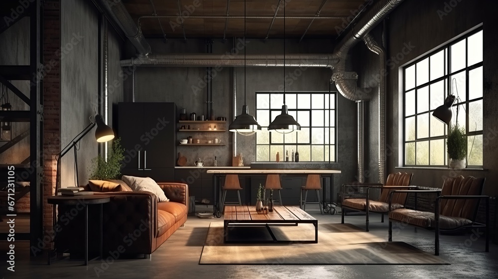 Living room interior in loft, industrial style, 3d render. Decor concept. Real estate concept. Art concept. Living room interior in loft, industrial style, 3d render. Decor concept. Real estate concept. Art concept.