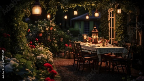 A cozy romantic garden with roses and garlands and lanterns. Generation AI
