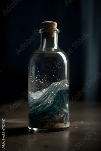 Glass bottle on black background. A stormy sea within a glass container.