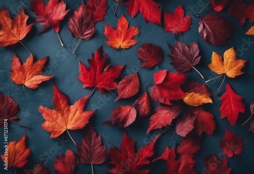 Vibrant Autumn Palette: Top View of Colored Red Leaves on Blue Slate Background