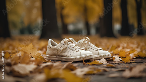White sneakers standing on yellow leaves in autumn. Autumn concept