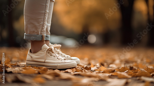 Bottom view of female feet wearing white sneakers standing on yellow leaves in autumn. Space for text