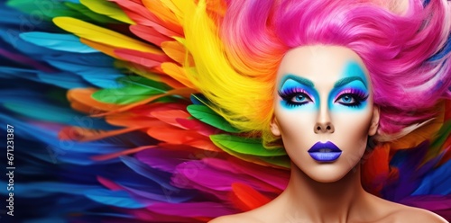 Transvestite with bright make-up coloured hair against bright colourful feathers LGBT banner background © Alina Zavhorodnii