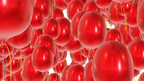 Red helium balloons fly against white background. A lot of red helium balloons in motion on a white background. 4K seamless looping videos