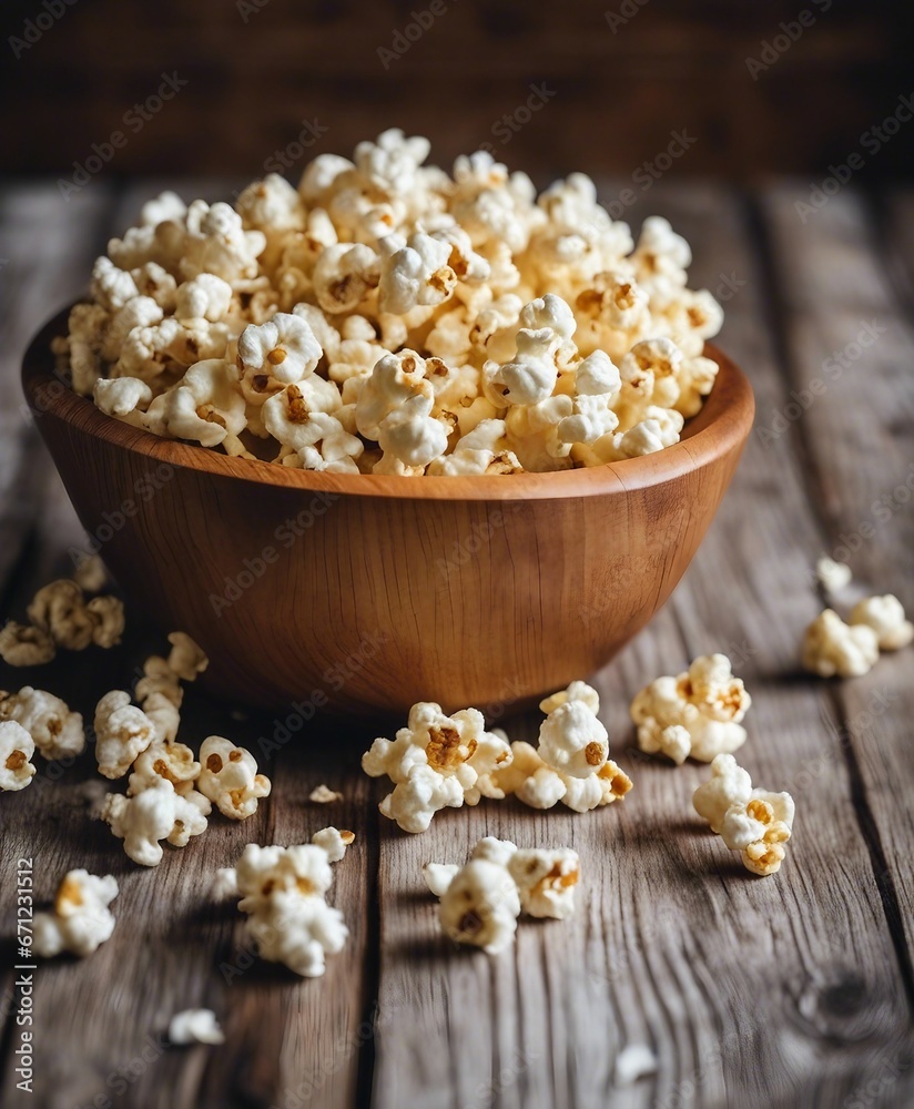 A wooden bowl of salted popcorn at the old wooden table A wooden bowl of salted popcorn at the old wooden table