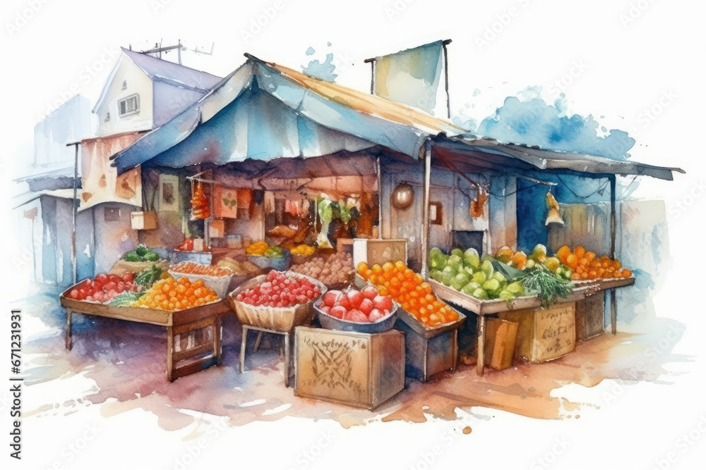 Watercolor drawing of a street market in the city. Generative AI.