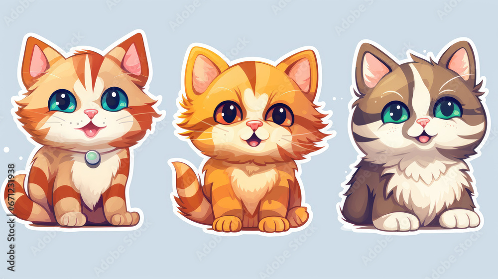 Variety of cute cat stickers featuring different cat breeds. Cat portraits on a clean background.