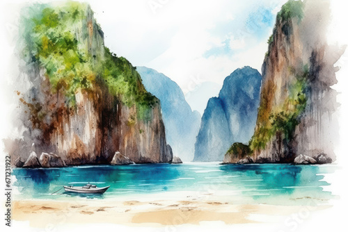 Watercolor drawing of Maya Bay beach in Thailand. Generative AI.