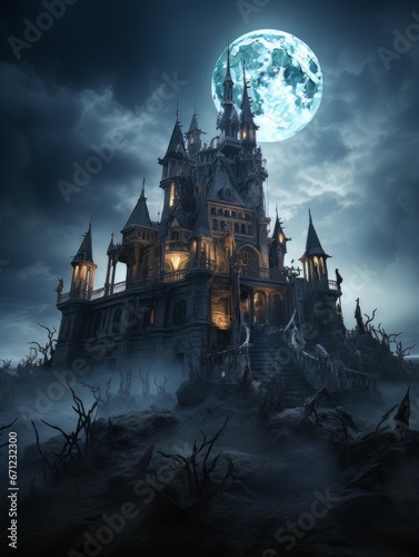 Fairytale haunted house on hill on night with full moon. AI