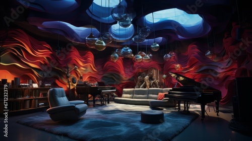 Production studio with multicolored acoustic panels with organic shapes hanging from the ceiling, ultrarealistic, photorealistic, volumetric lighting