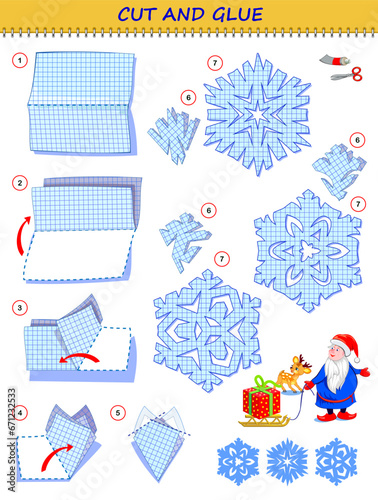 Educational page for children. Template with exercise for kids. Use a scissors to cut from sheet of paper beautiful snowflakes. Logic puzzle game. Developing skills for cutting and handwork.