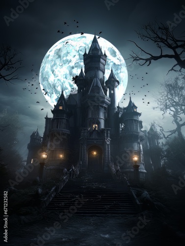 Fairytale haunted house on hill on night with full moon. AI © Vitalii But
