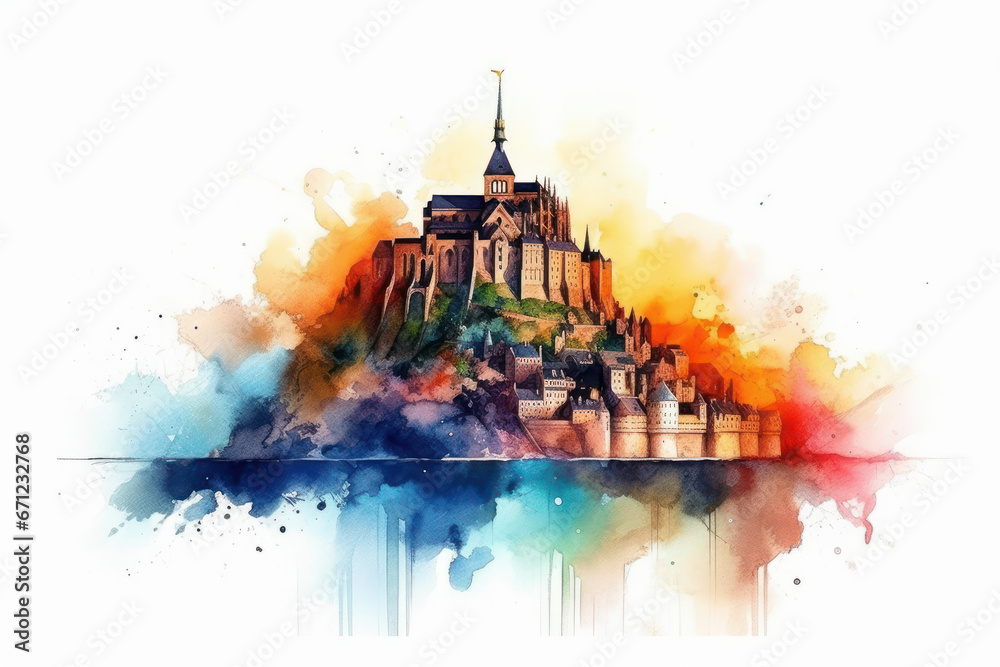 Watercolor drawing of the Mont Saint fortress. Generative AI. - obrazy, fototapety, plakaty 