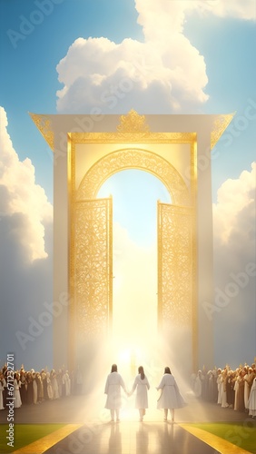 The righteous in white robes at the shining gates of the entrance to the Kingdom of Heaven