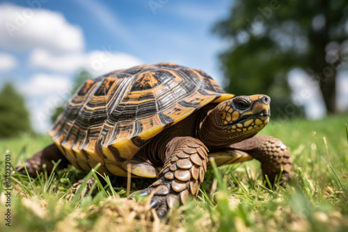 A turtle slowly walking on grass, focus on the shell pattern