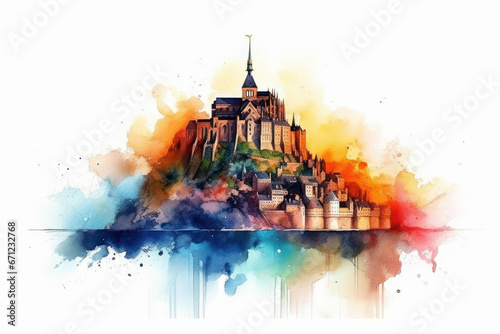 Watercolor drawing of the Mont Saint fortress. Generative AI. photo