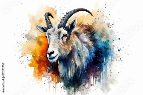 Watercolor drawing of a mountain goat. Generative AI.