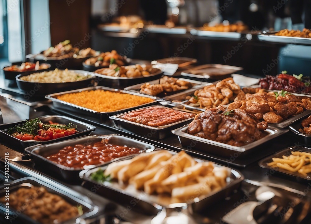 Catering buffet food indoor in restaurant with grilled meat