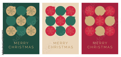 Christmas Card Design Template with Baubles Decoration Illustration. Set of Creative Christmas Cards with Modern Snowflake Bauble Pattern and 'Merry Christmas' Text. Vector Design Template