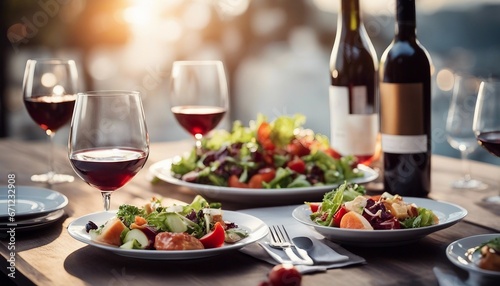 an elegant table with plates of food and wine glasses next to a bowl of salad and a glass of wine