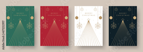 Christmas Card Vector Design Template. Set of Christmas Card Designs with Geometric Festive Scene Illustration of Christmas Tree and Bauble Decorations. Merry Christmas Greeting Card Concepts