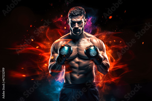 Boxer with boxing gloves on a dark background with colored smoke.