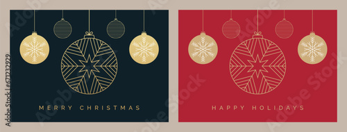 Christmas Card Design with Elegant Baubles Decoration Illustration. Set of Christmas Card Design Templates with Trendy and Decorative Christmas Bauble Decorations. Merry Christmas and Happy Holidays.