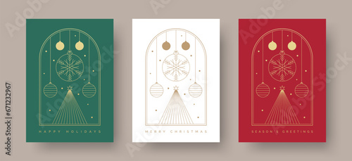 Set of Christmas Card Designs with Geometric Christmas Scene Illustration. Modern Christmas Cards with Tree and Baubles Decoration in Frame. Merry Christmas, Season's Greetings, Happy Holidays Text. 