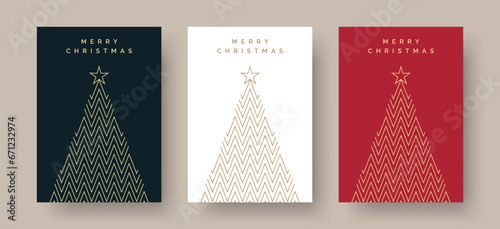 Set of Christmas Card Designs with Simple Geometric Christmas Tree Illustration. Modern Luxury Christmas Cards with Merry Christmas Text. Vector Design template.