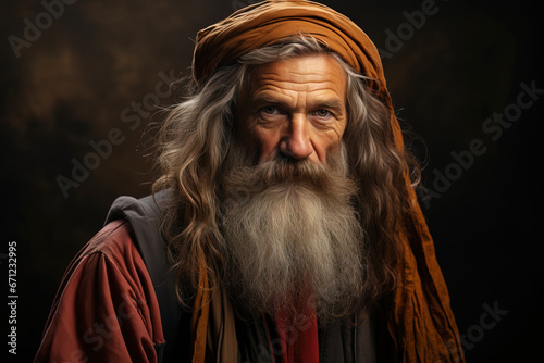 Portrait of an Old Testament prophet with a long gray beard and red clothes on a dark background. AI generation