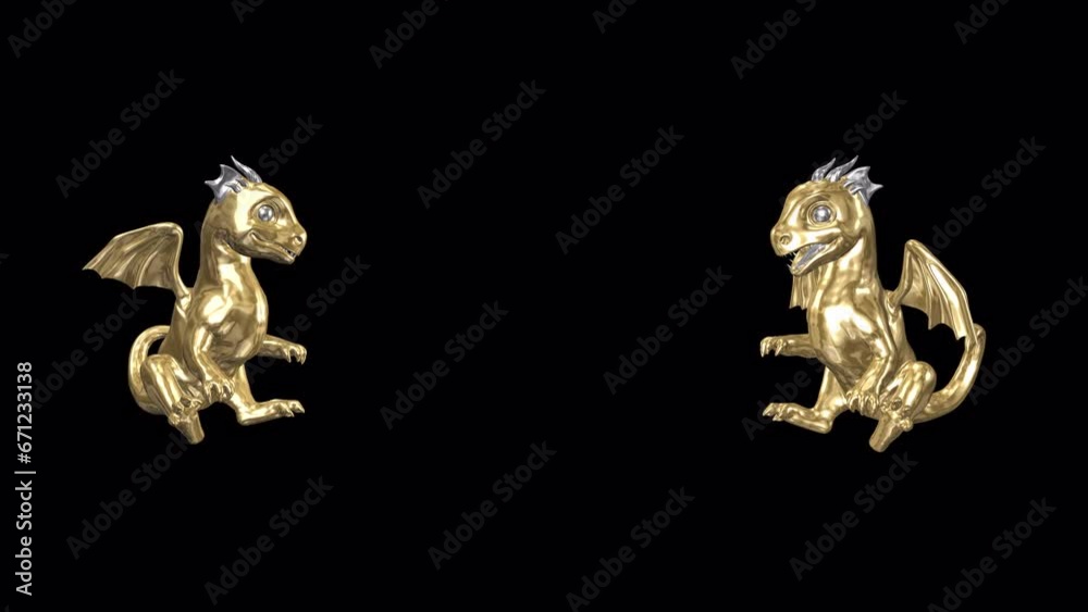 Two Little Golden Dragons - Holiday Greeting Gate - 3D Animation Loop - Alpha Channel - Chinese Zodiac Animal for 2024