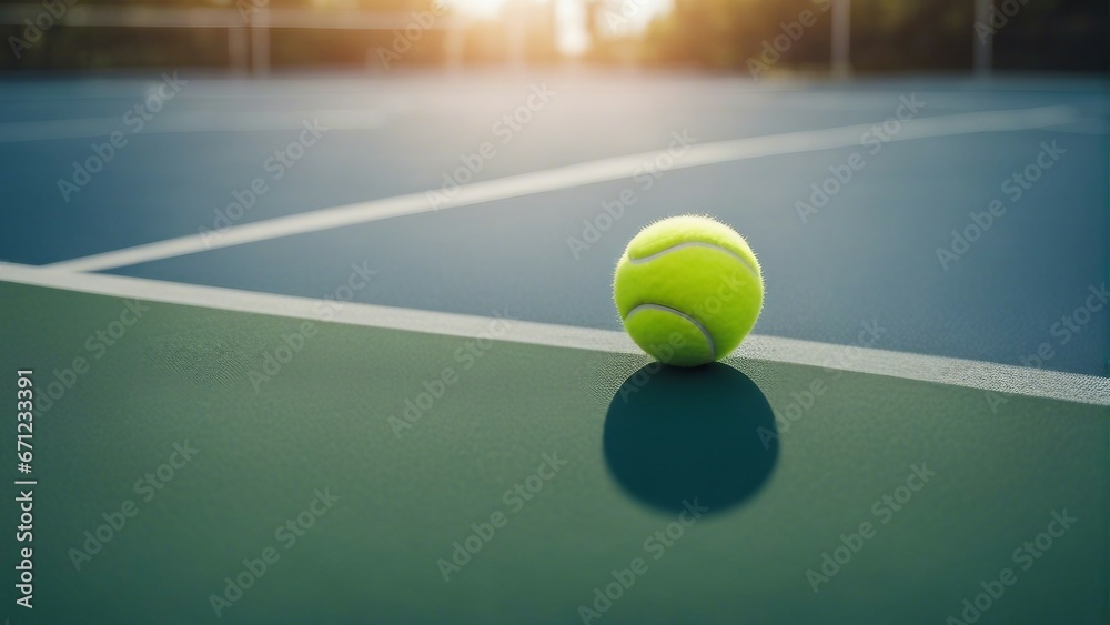 Tennis ball on tennis court, little aerial view