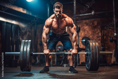 Handsome strong athletic man pumping up muscles with dumbbell in gym
