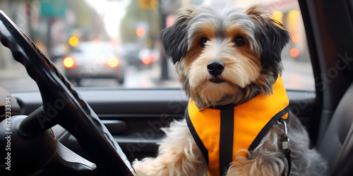  Small dog near car steering wheel, schnauzer puppy