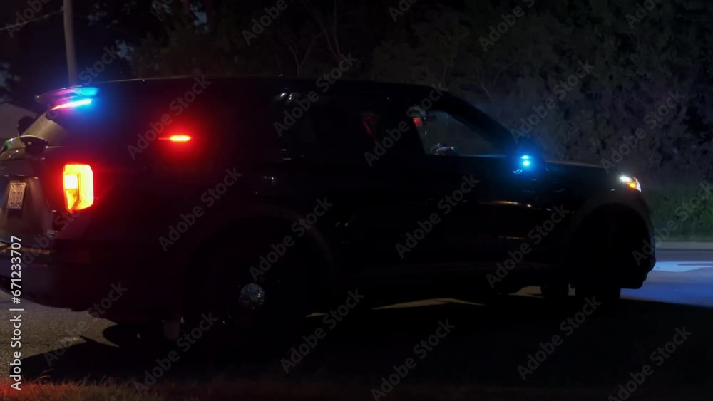 Police car emergency vehicle lights in city street, . Night time shot Police car emergency vehicle lights in city street, . Night time shot