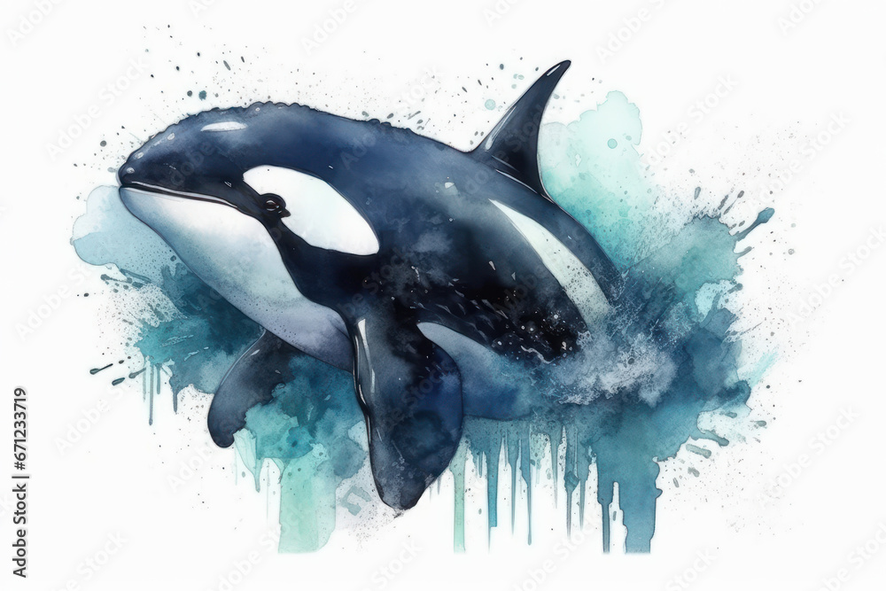 Obraz premium Watercolor drawing of an orca jumping out of the water. Generative AI.