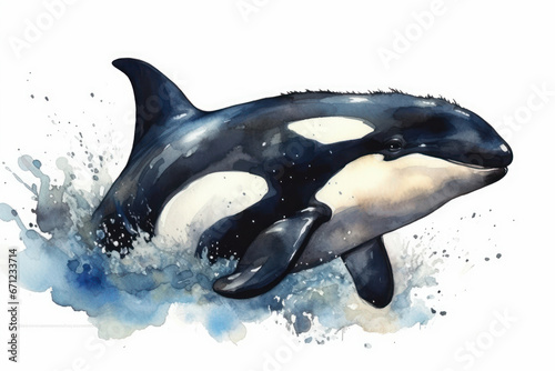 Watercolor drawing of an orca jumping out of the water. Generative AI.