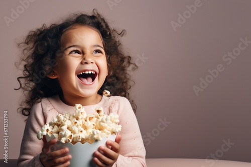 Laughing Little Girl Watching a Movie or TV on a Green Background Holding Popcorn with Space for Copy