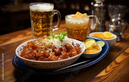 Enjoy a delicious and flavorful bowl of curry paired perfectly with two refreshing glasses of beer. The combination of spicy curry and cold beer is sure to tantalize your taste buds