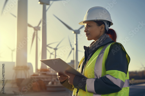 Female engineer with tablet working on wind farm windmill check wind turbine to generate electrical energy. Renewable energy concept