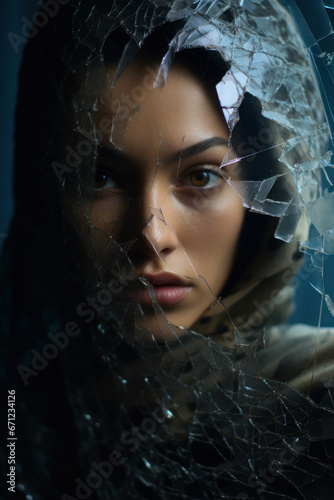 Young woman looks through broken mirror. Out of focus blurred, portrait of beautiful female in the glass mirror.