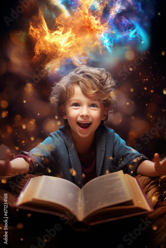 cheerful boy reads literature. magic and imagination from learning. is delighted with the training