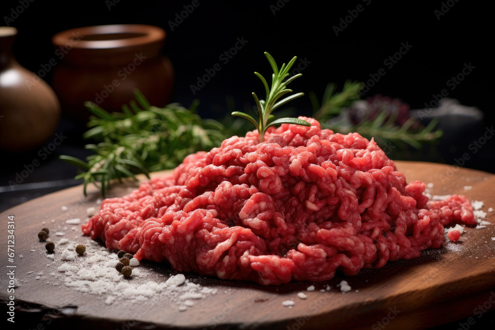Raw beef or pork minced. Black background. Top view. healthy eating. fresh meat. cooking food Raw beef or pork minced. Black background. Top view. healthy eating. fresh meat. cooking food