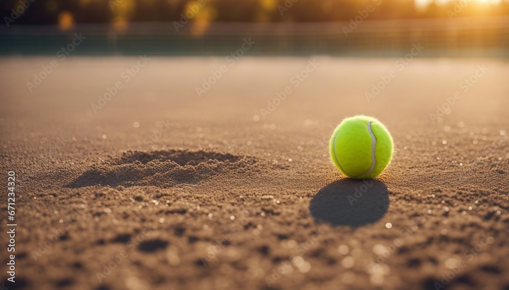 Tennis ball on dust tennis court with tennis racket


