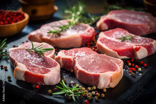 Variety of Raw meat. steak  Ribeye  Tenderloin fillet mignon from pork or beef. cooking or barbecue ingredients