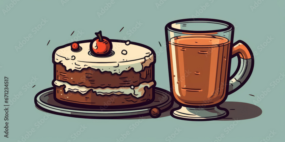 Watercolor drawing of a breakfast with a piece of cake. Generative AI. Watercolor drawing of a breakfast with a piece of cake. Generative AI.