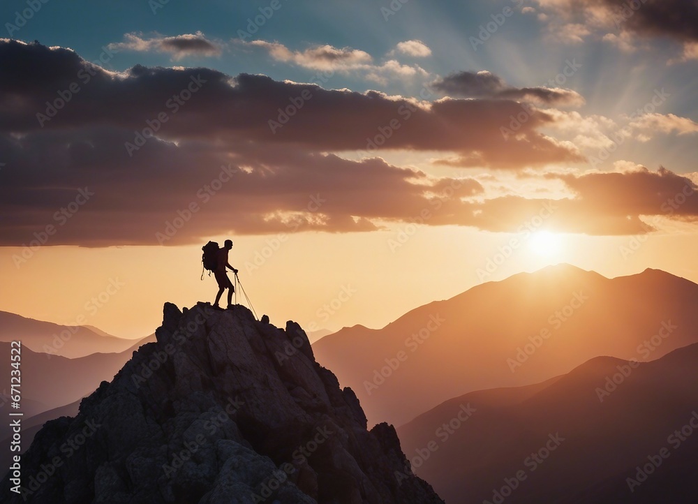 silhouette of a climber climbing a cliffy rocky mountain against the sun at sunset

