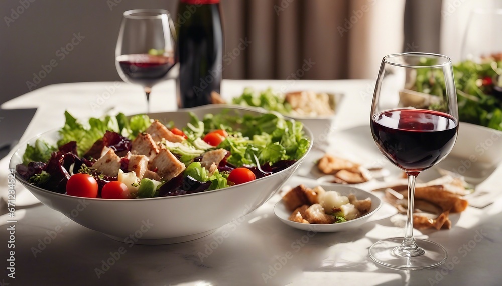 an elegant table with plates of food and wine glasses next to a bowl of salad and a glass of wine
an elegant table with plates of food and wine glasses next to a bowl of salad and a glass of wine
