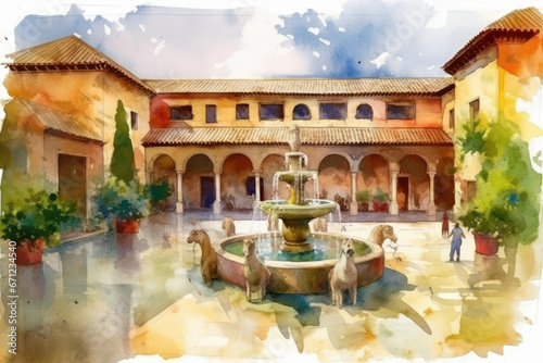 Watercolor drawing of the Court of the Lions of the Alhambra in Granada. Generative AI.