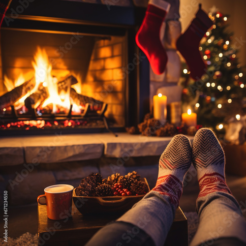 Christmas fire place sitting by the fire indoor warm and snug en cosy with soks on feet.